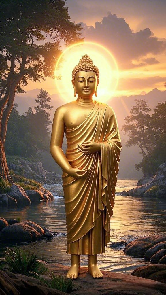 Golden Buddha statue meditating by water.