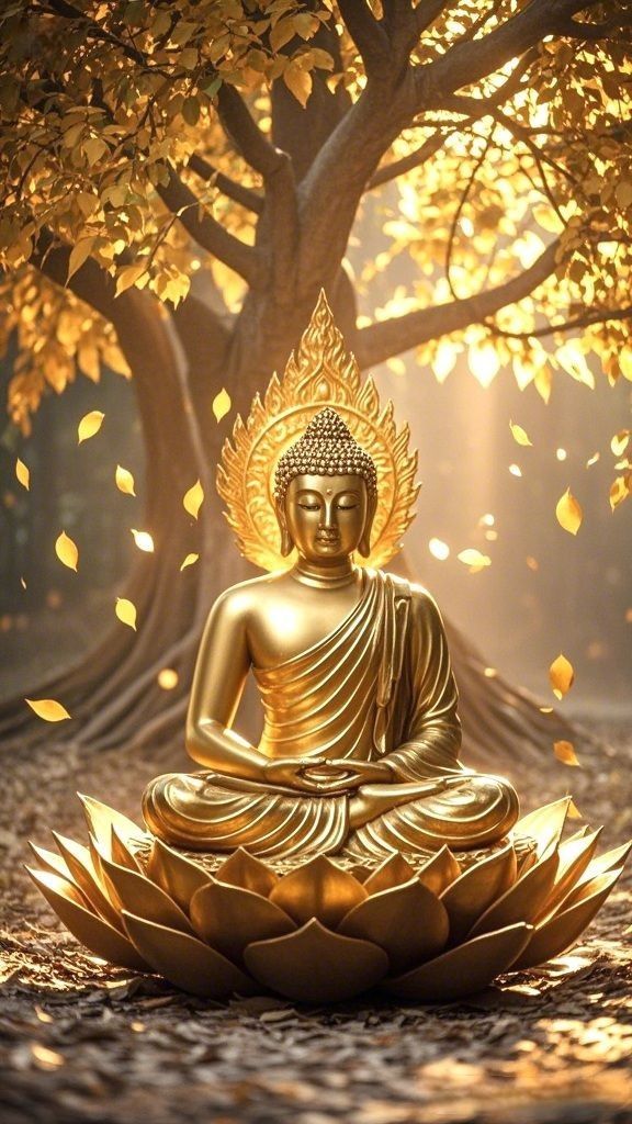 Golden buddha meditating under tree