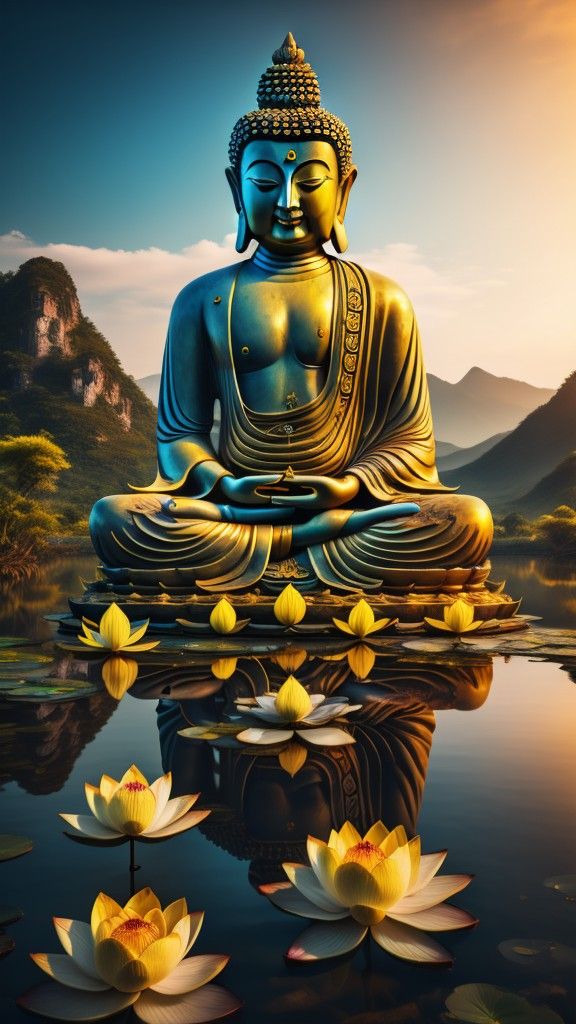 Buddha meditating on lotus flowers.