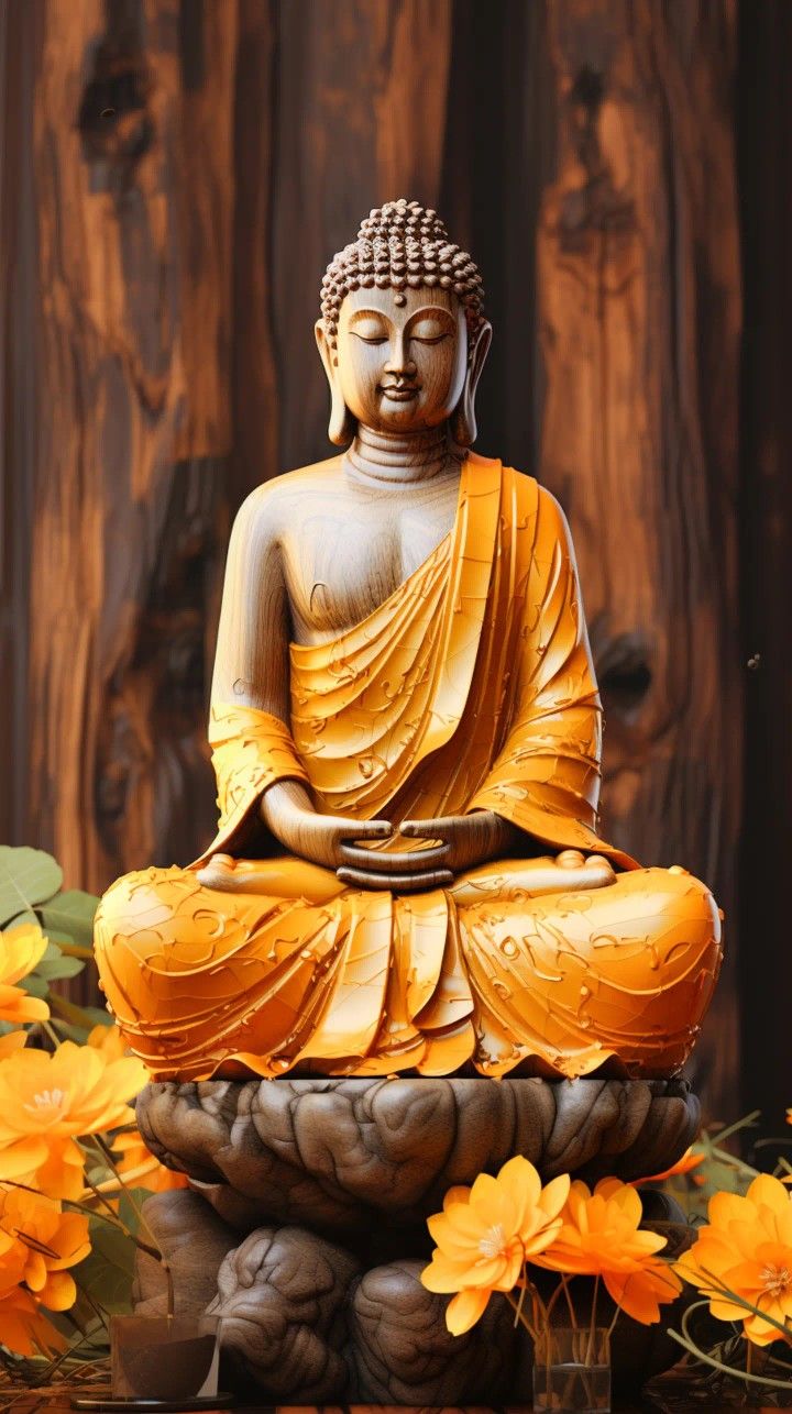 Buddha in meditative pose with flowers