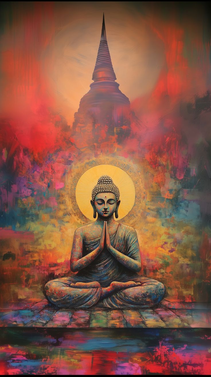 Buddha meditating with golden aura.