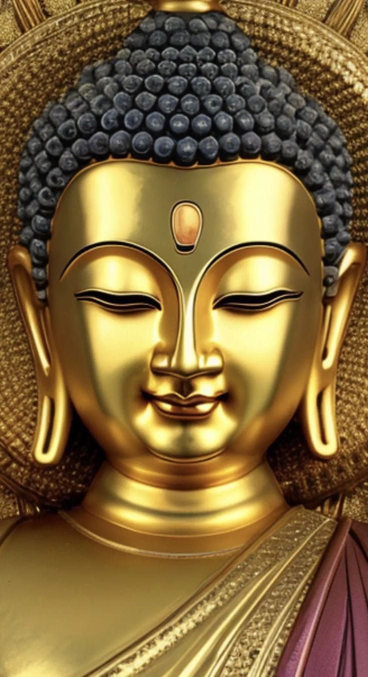 Golden Buddha face, serene and peaceful.
