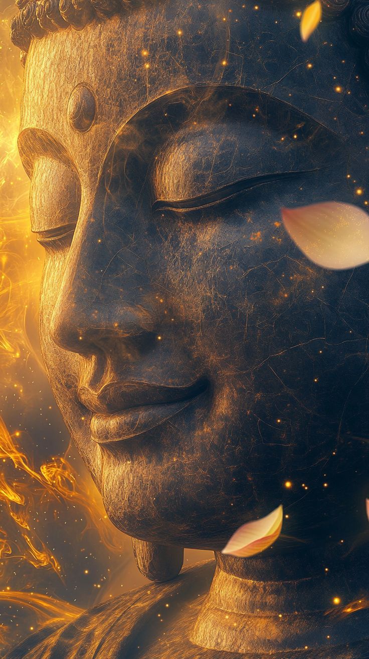 Golden Buddha face in meditation.