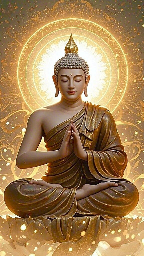 Buddha in lotus position, golden light