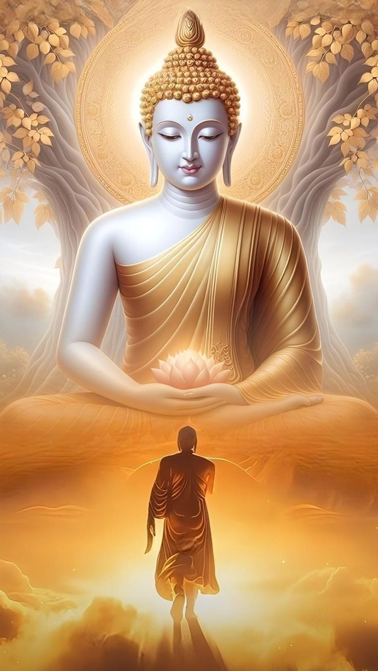 Buddha meditating with a devotee below