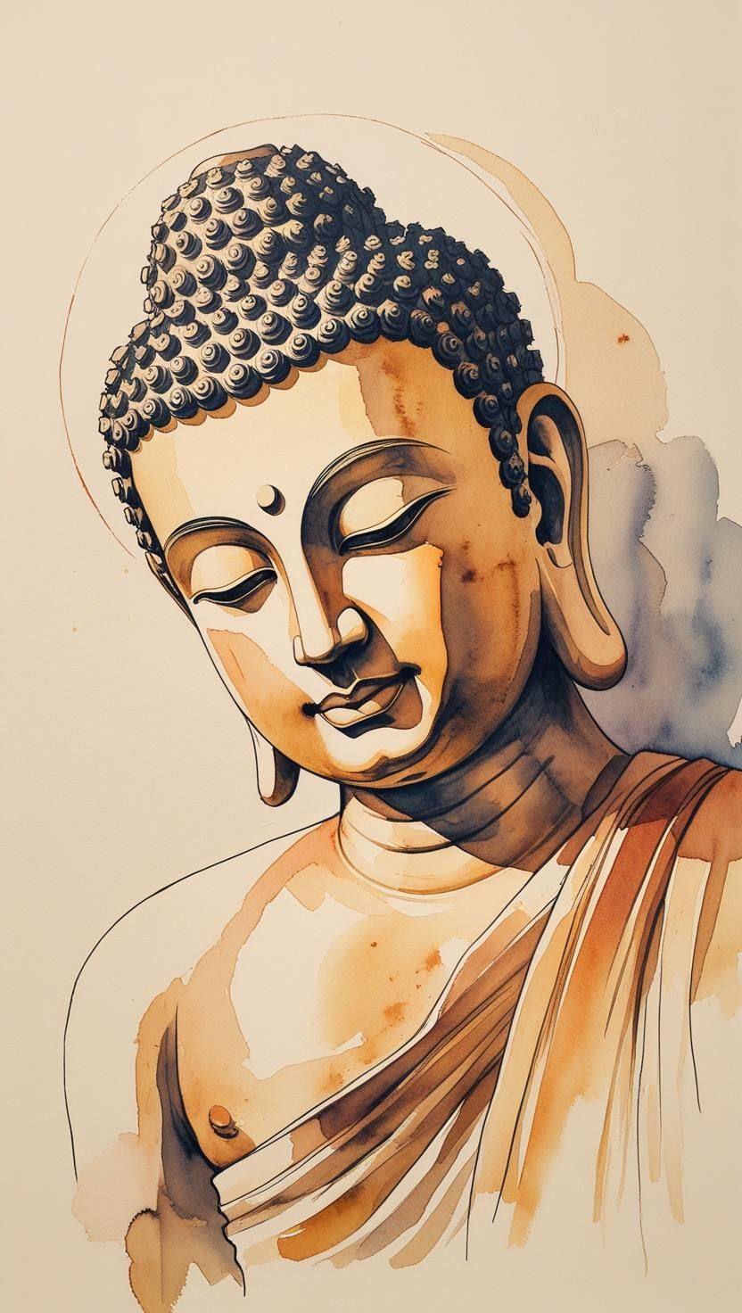 Watercolor painting of serene Buddha head
