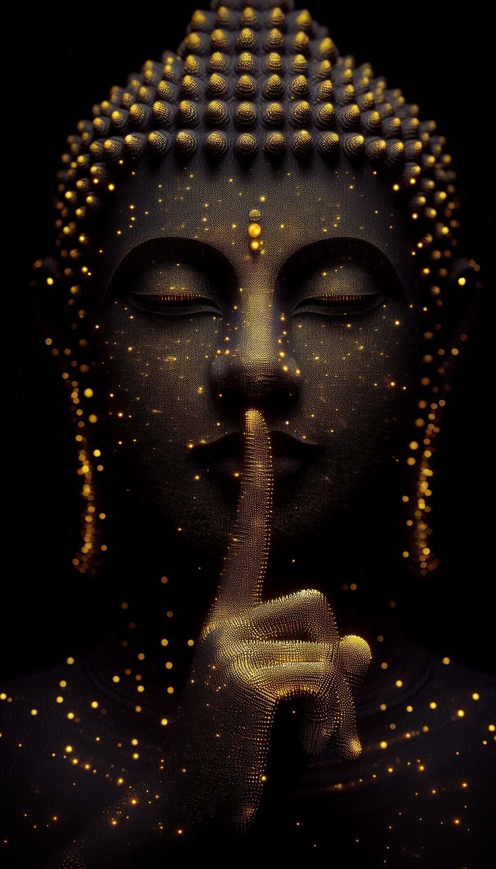 Golden Buddha face with quiet gesture