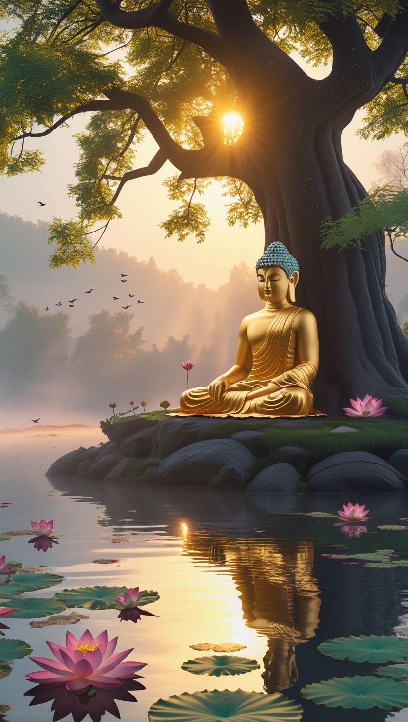 Buddha meditating under Bodhi tree.