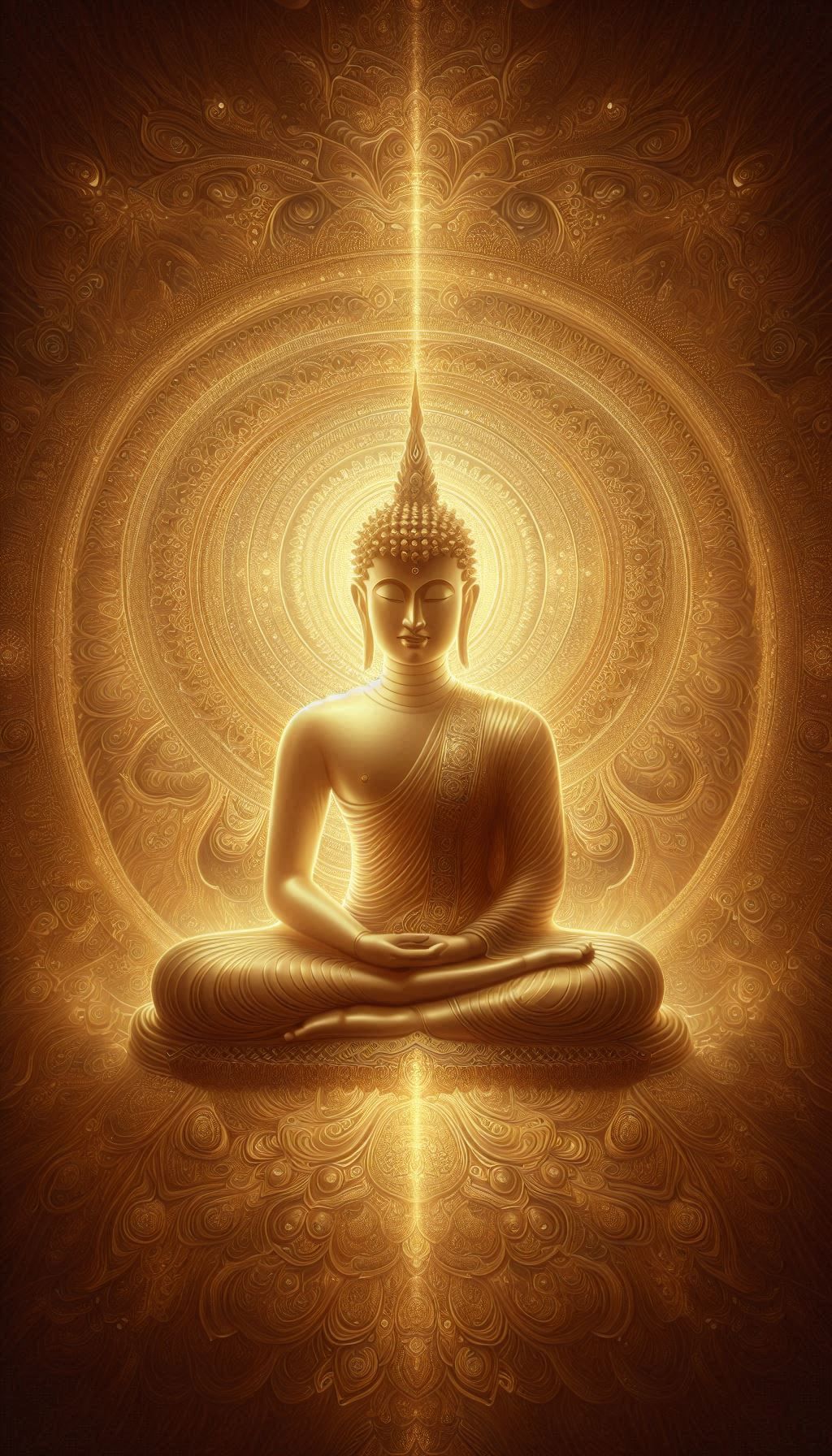 Buddha meditating in golden aura.