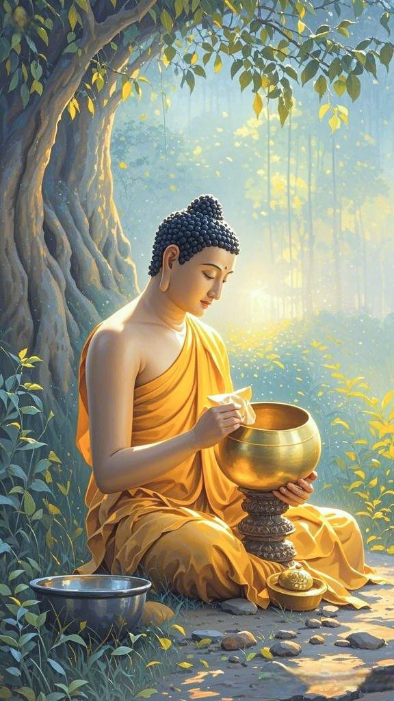 Buddha meditating in a peaceful forest.