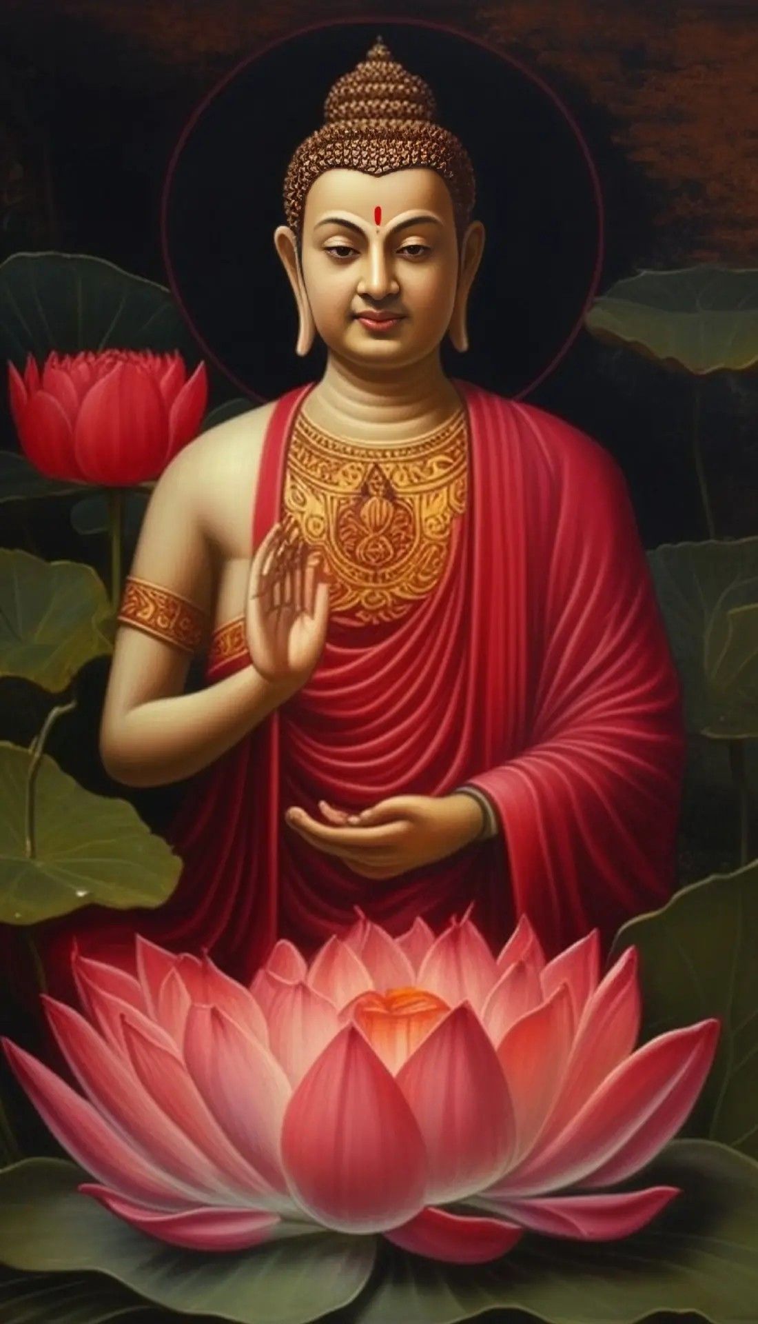 Buddha in Abhaya Mudra with lotus flowers