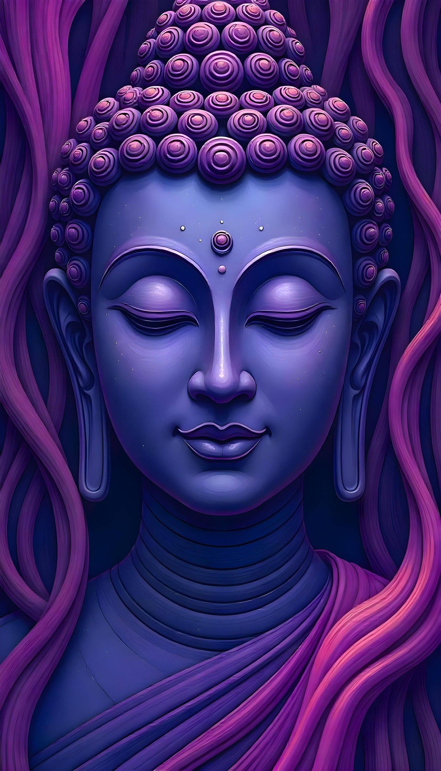 Serene portrait of Gautam Buddha in purple.