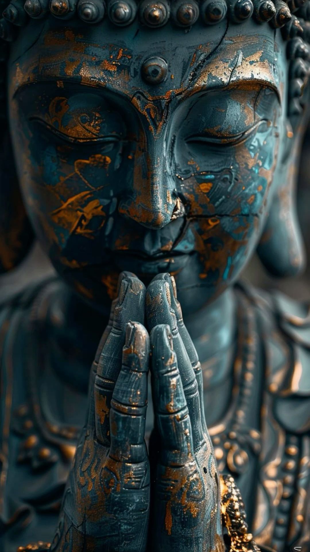 Buddha in prayerful pose, golden accents
