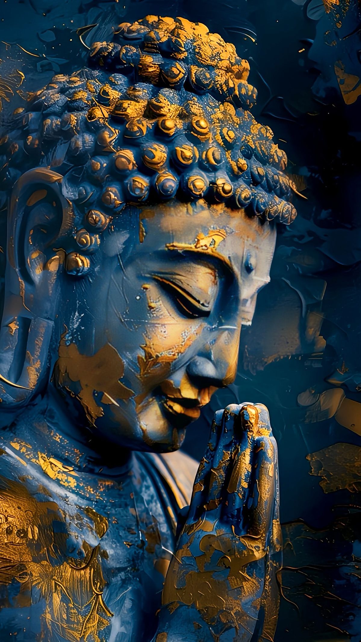 Buddha in prayer with golden details.