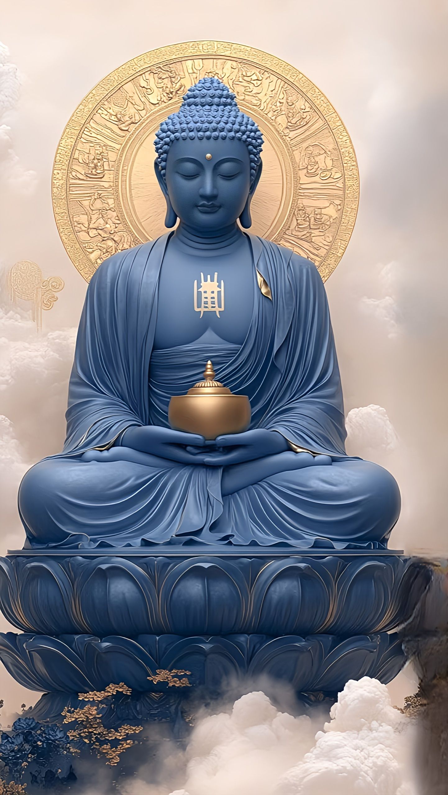 Meditating Buddha with golden halo.