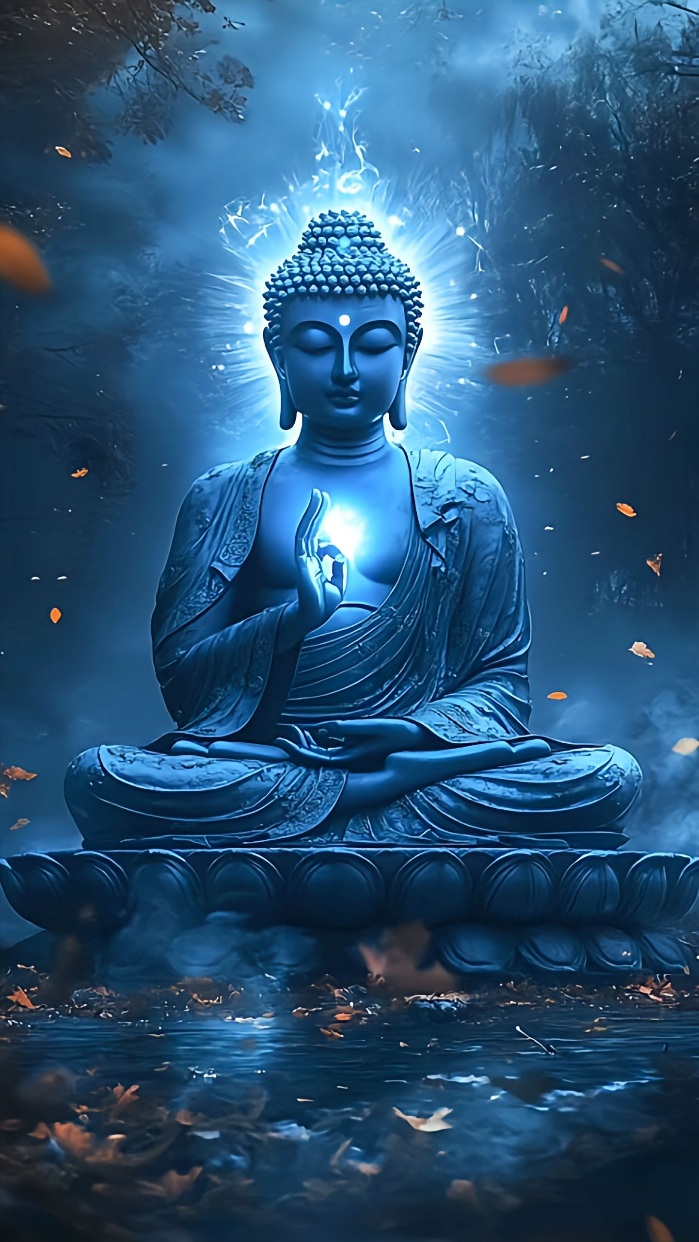 Buddha in meditative pose, glowing blue.