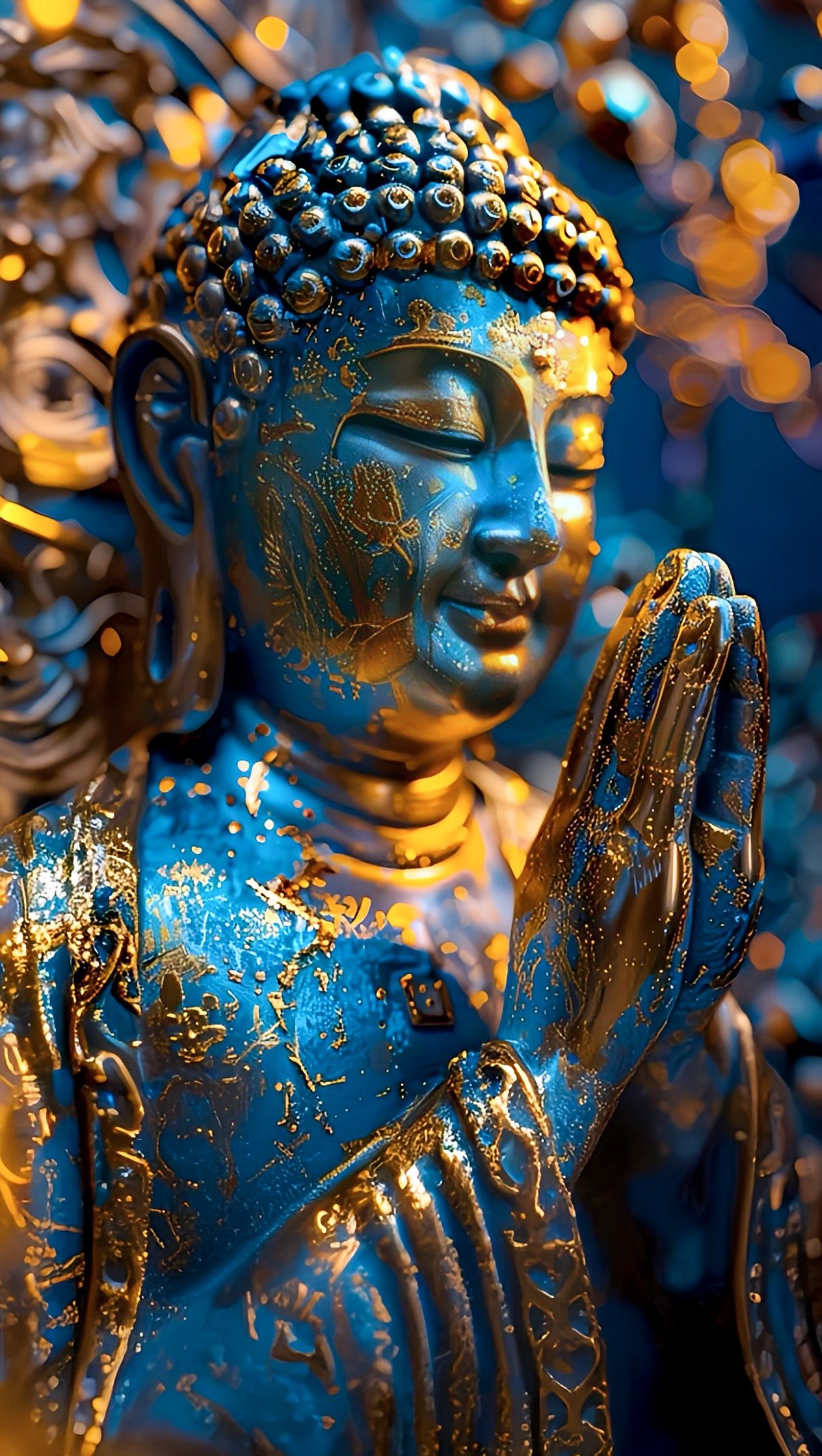 Golden Buddha statue in peaceful prayer.