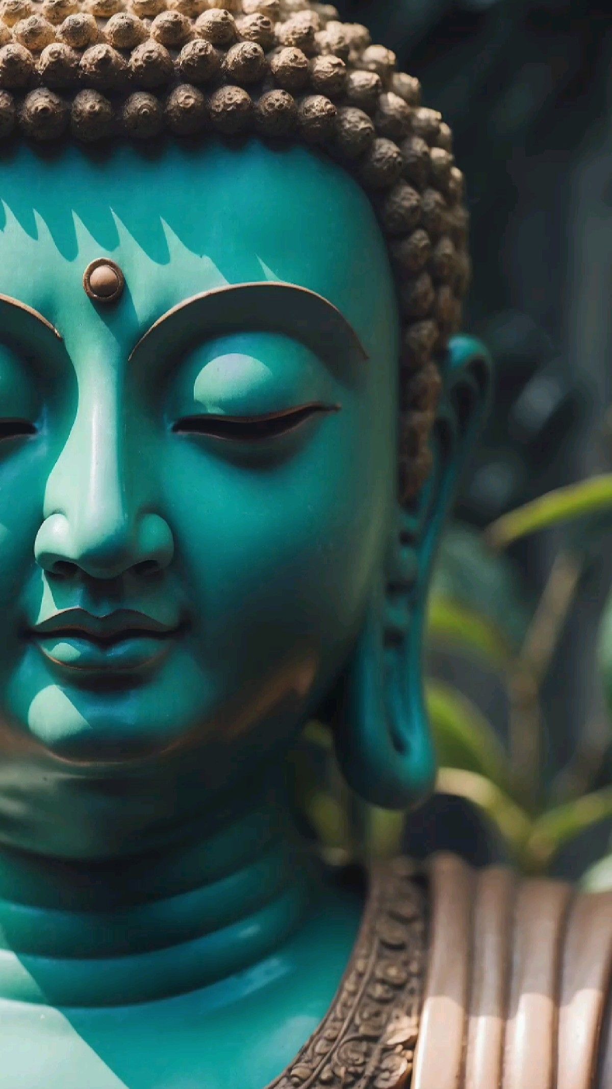 Close-up of peaceful Buddha statue face