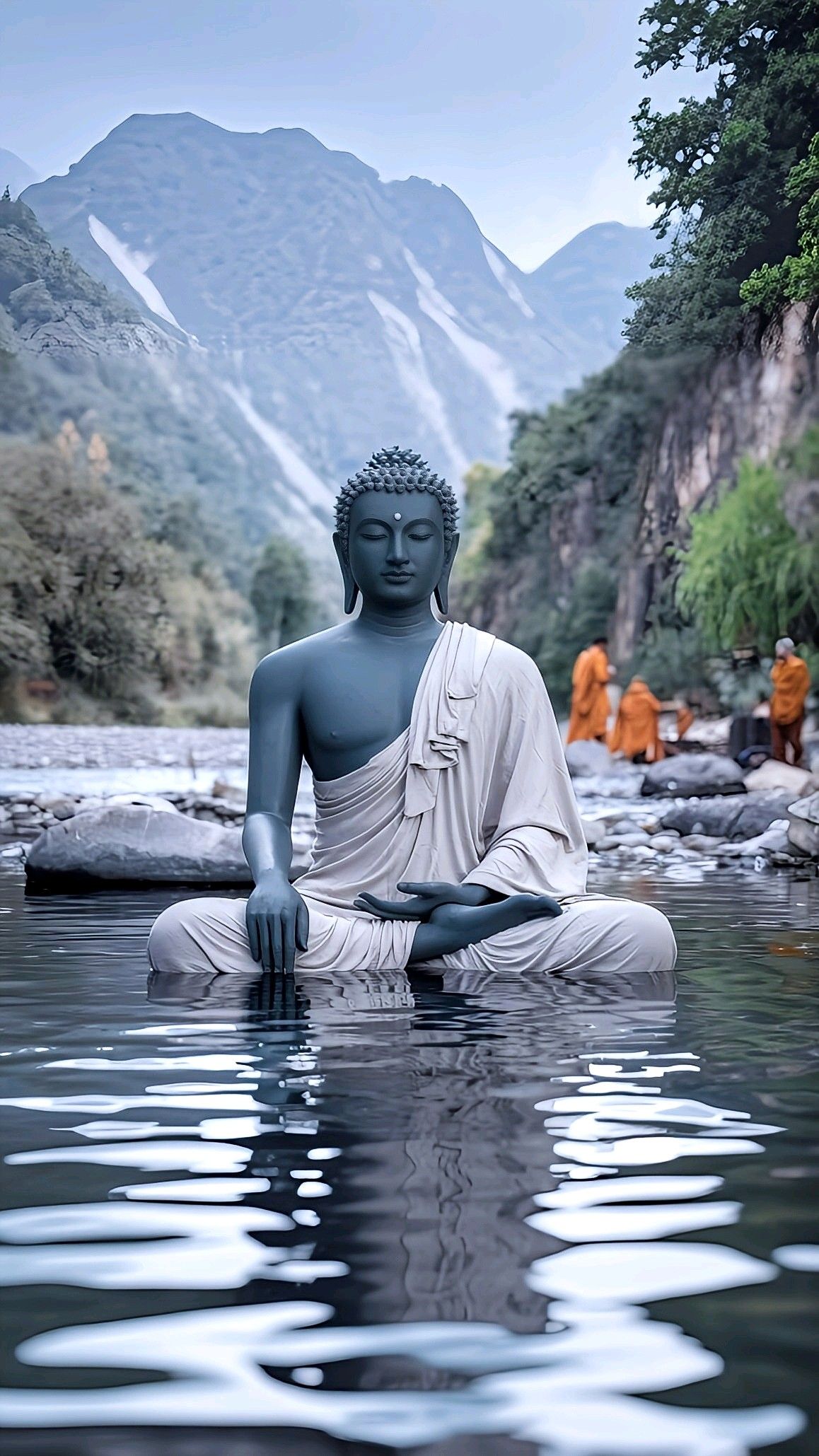Buddha meditating in mountain landscape