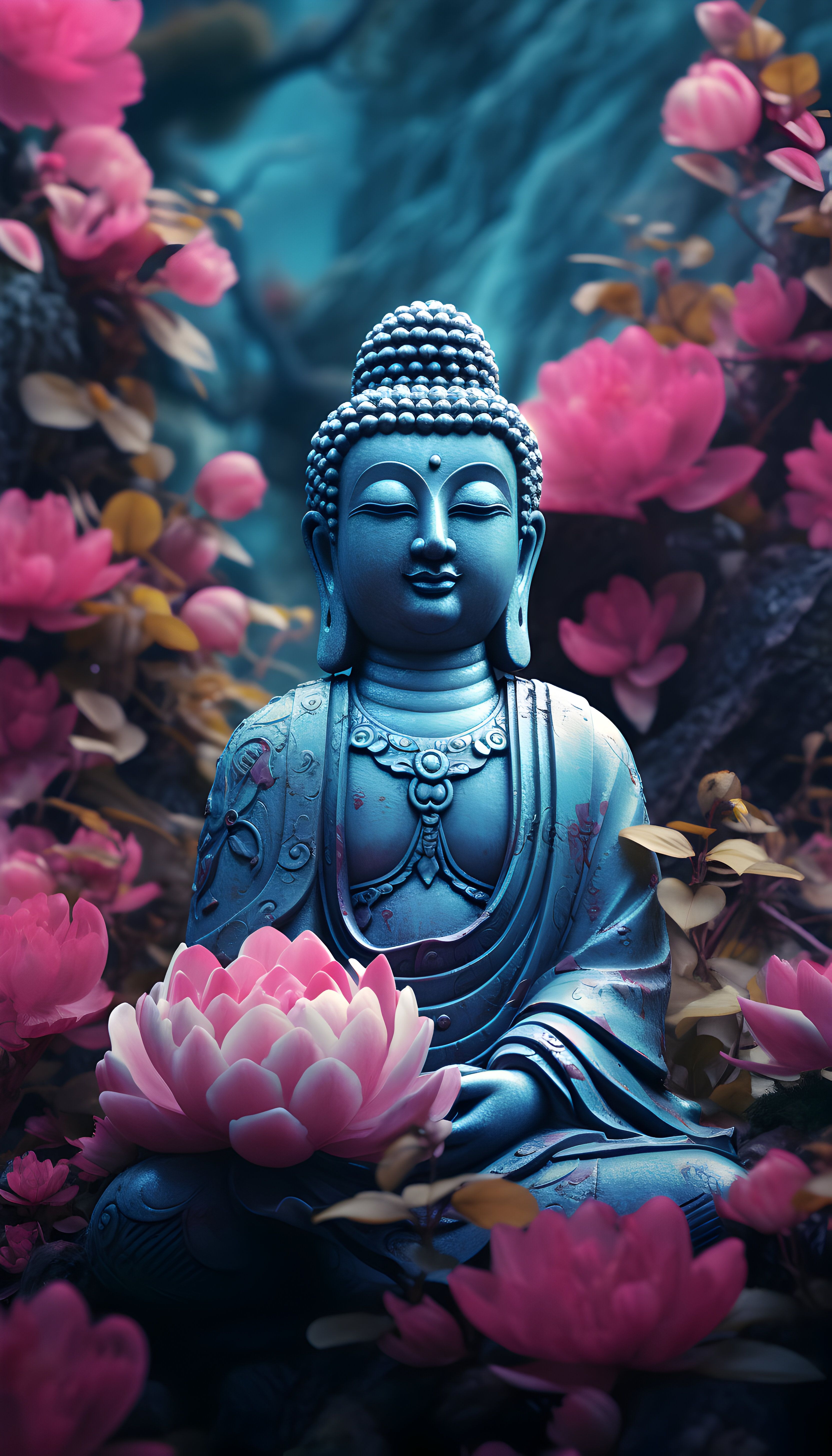Buddha surrounded by pink lotus flowers