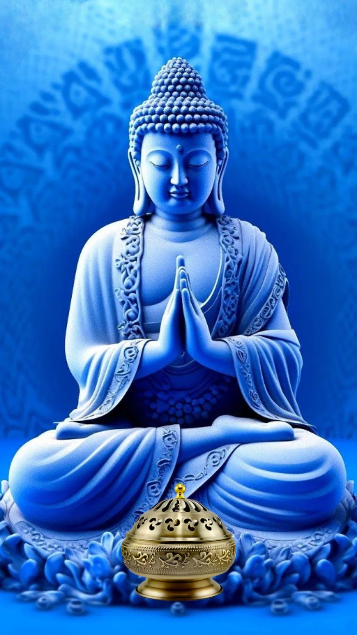 Buddha meditating in a blue aura