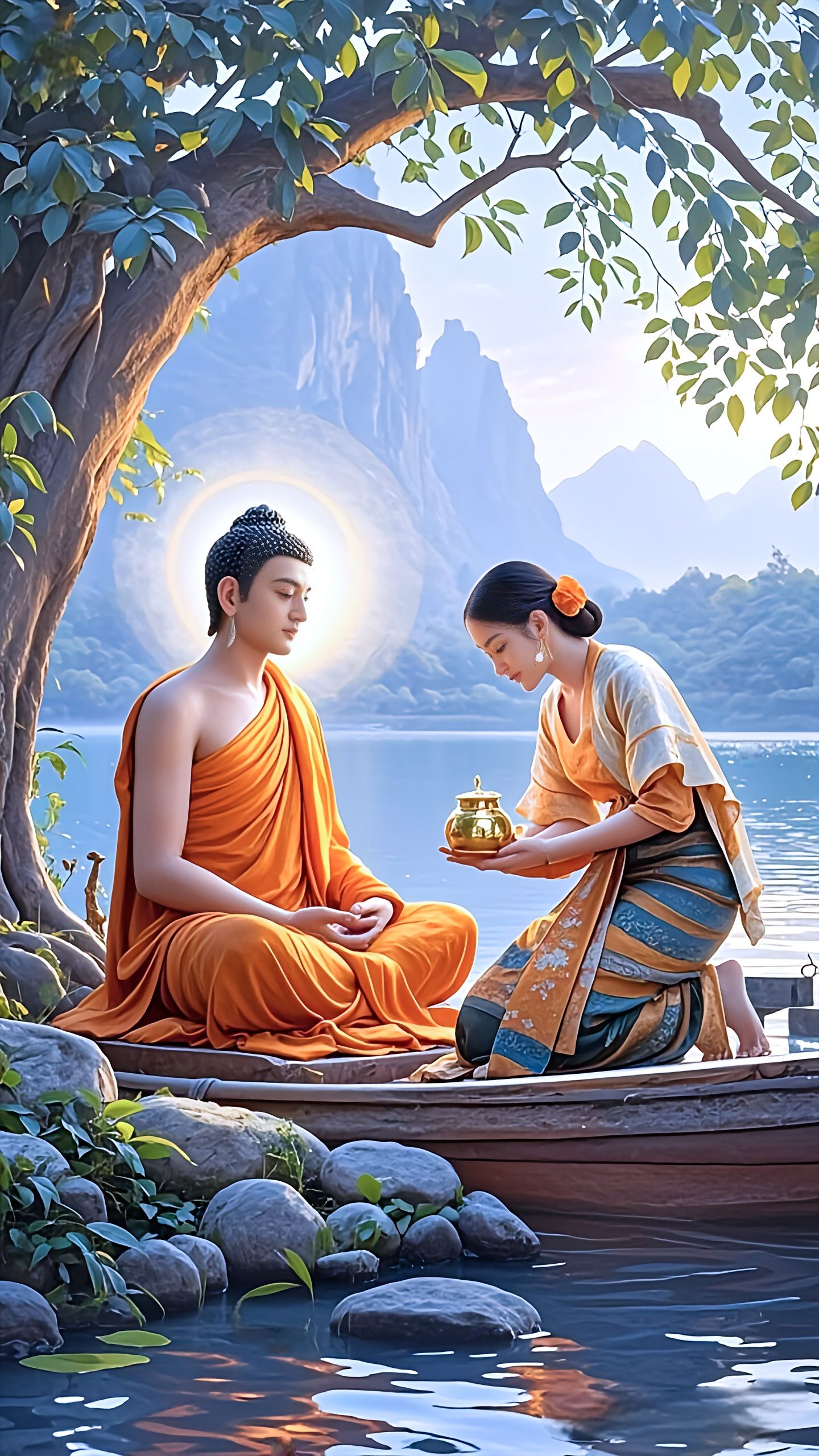 Buddha meditating by a peaceful lake.