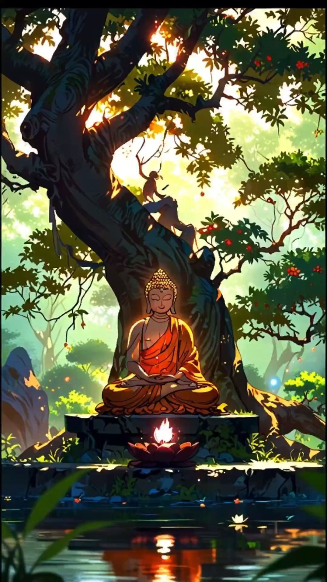 Buddha meditating under Bodhi tree