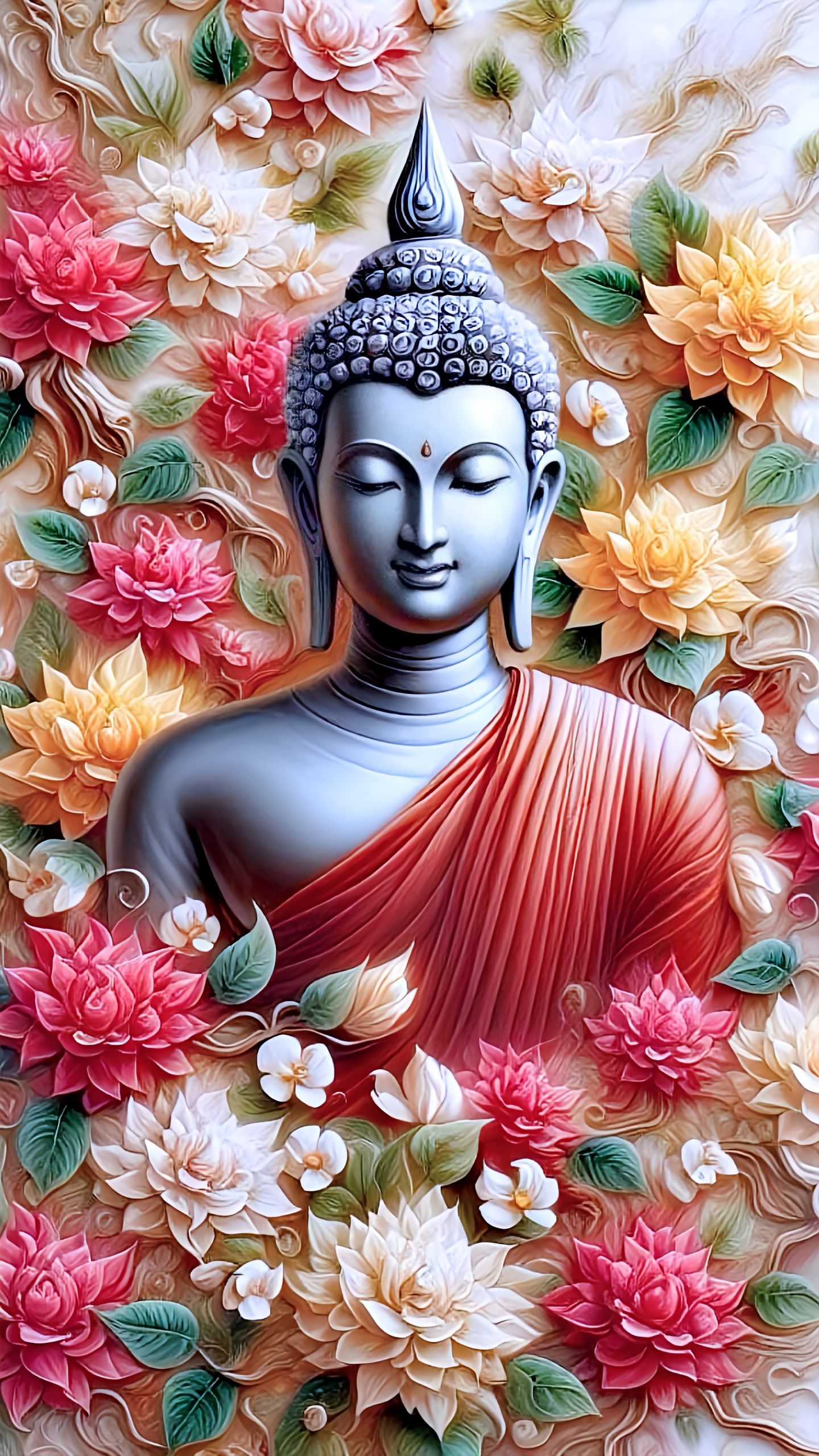 Buddha surrounded by colorful lotus flowers.