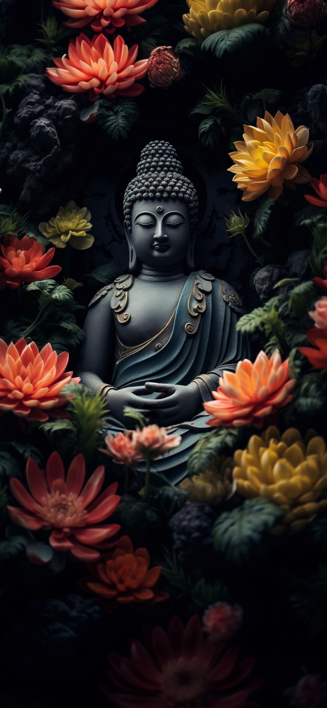 Buddha meditating surrounded by lotus flowers
