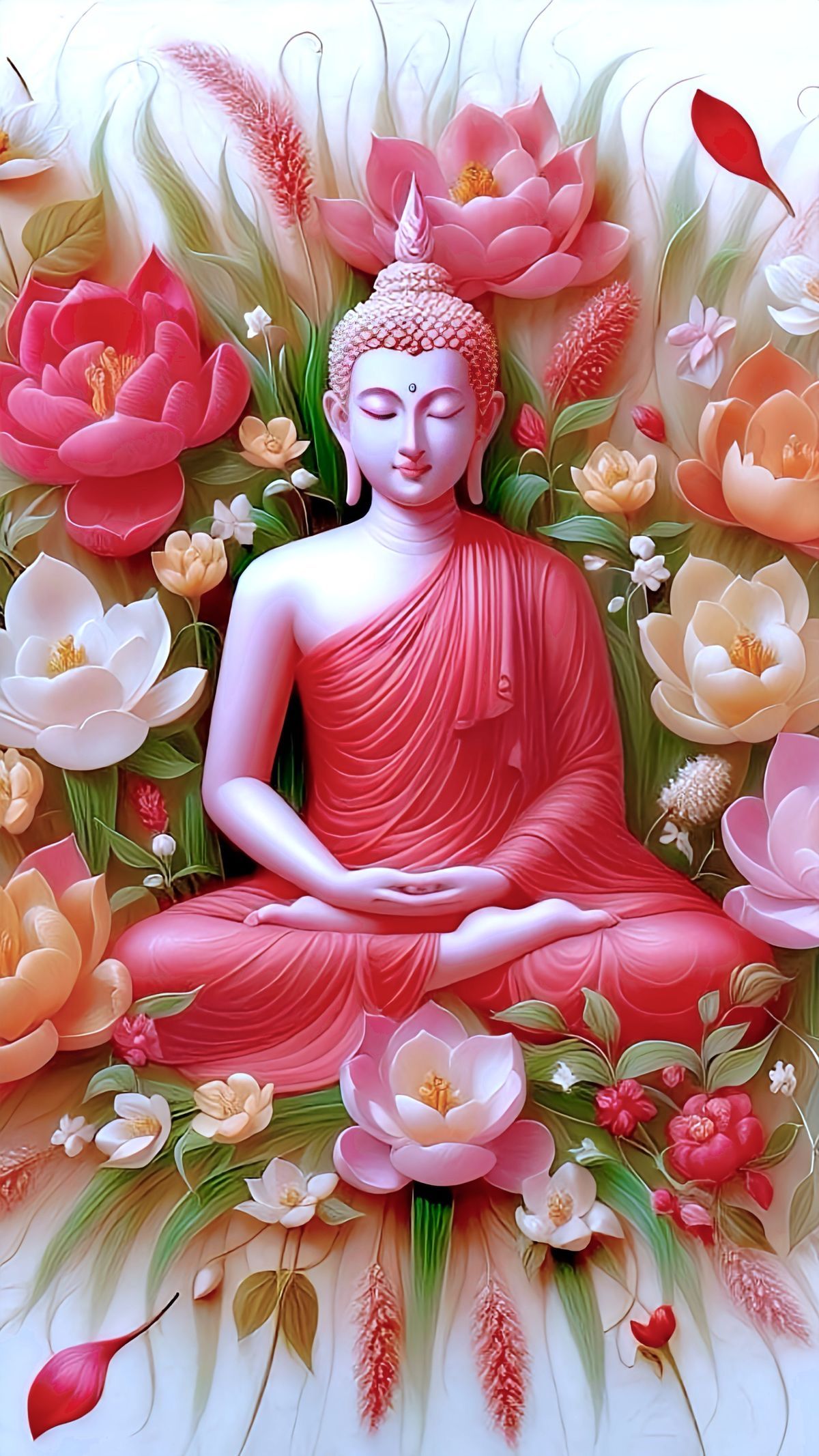 Buddha meditating amongst pink lotuses