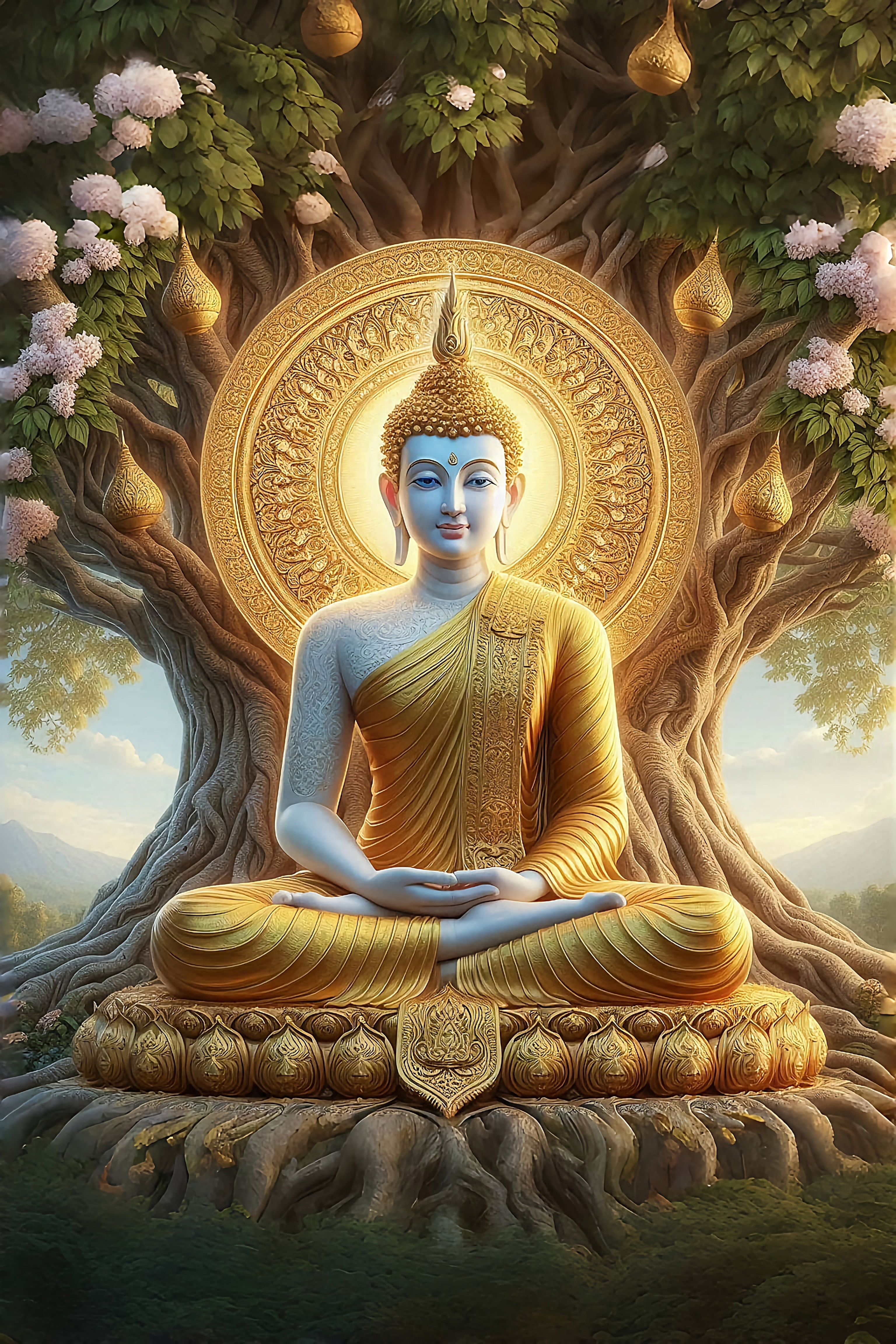 Buddha meditating under Bodhi tree