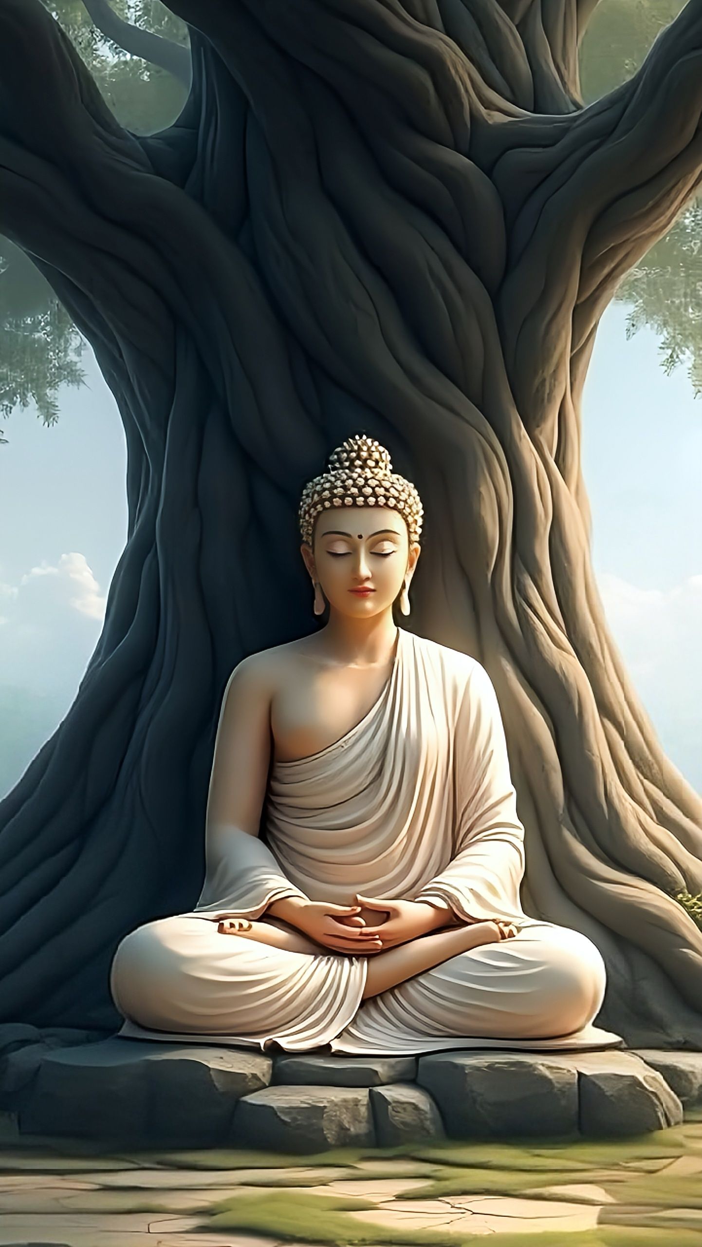 Buddha meditating under a Bodhi tree