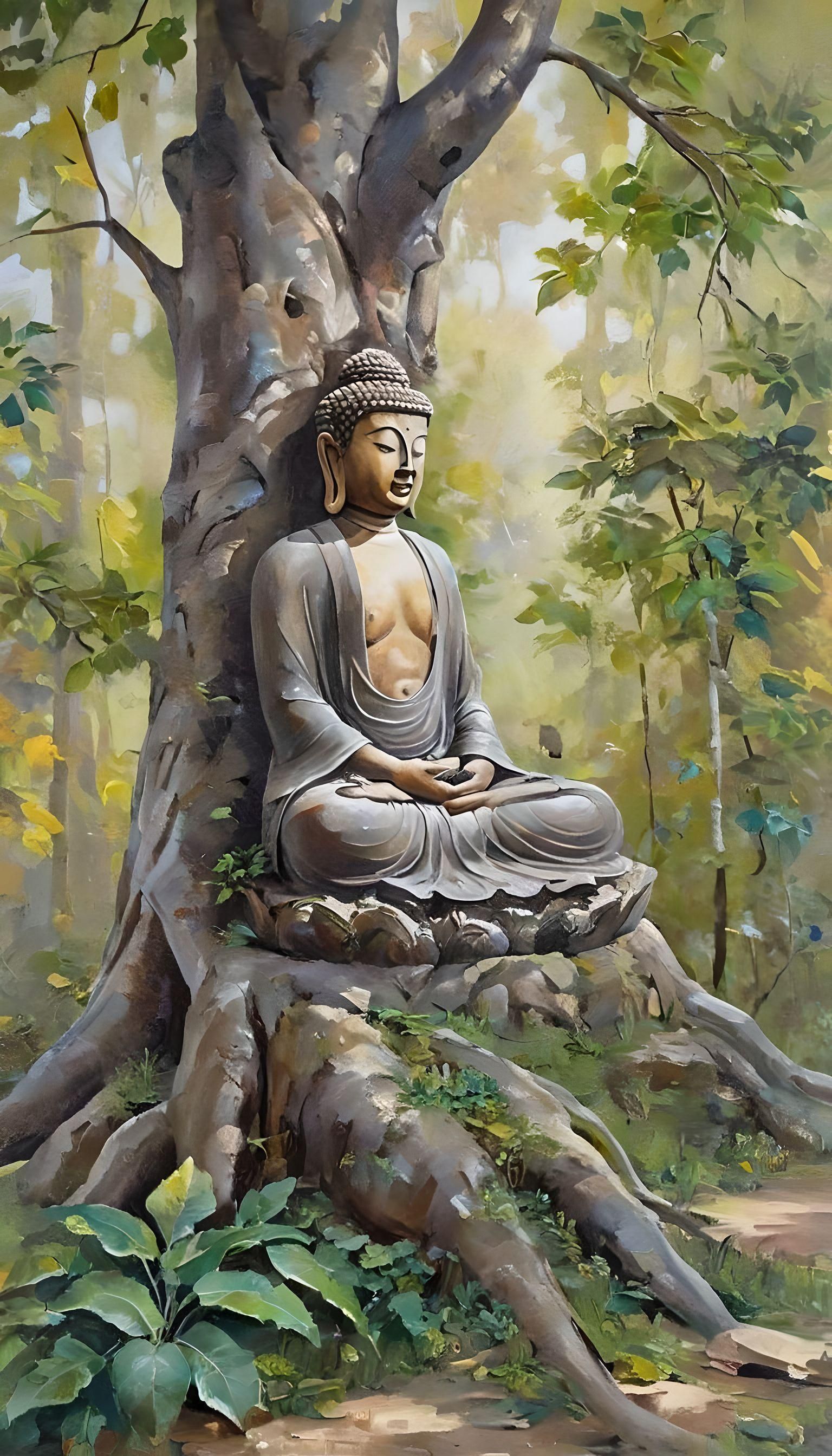 Buddha meditating beneath a Bodhi tree