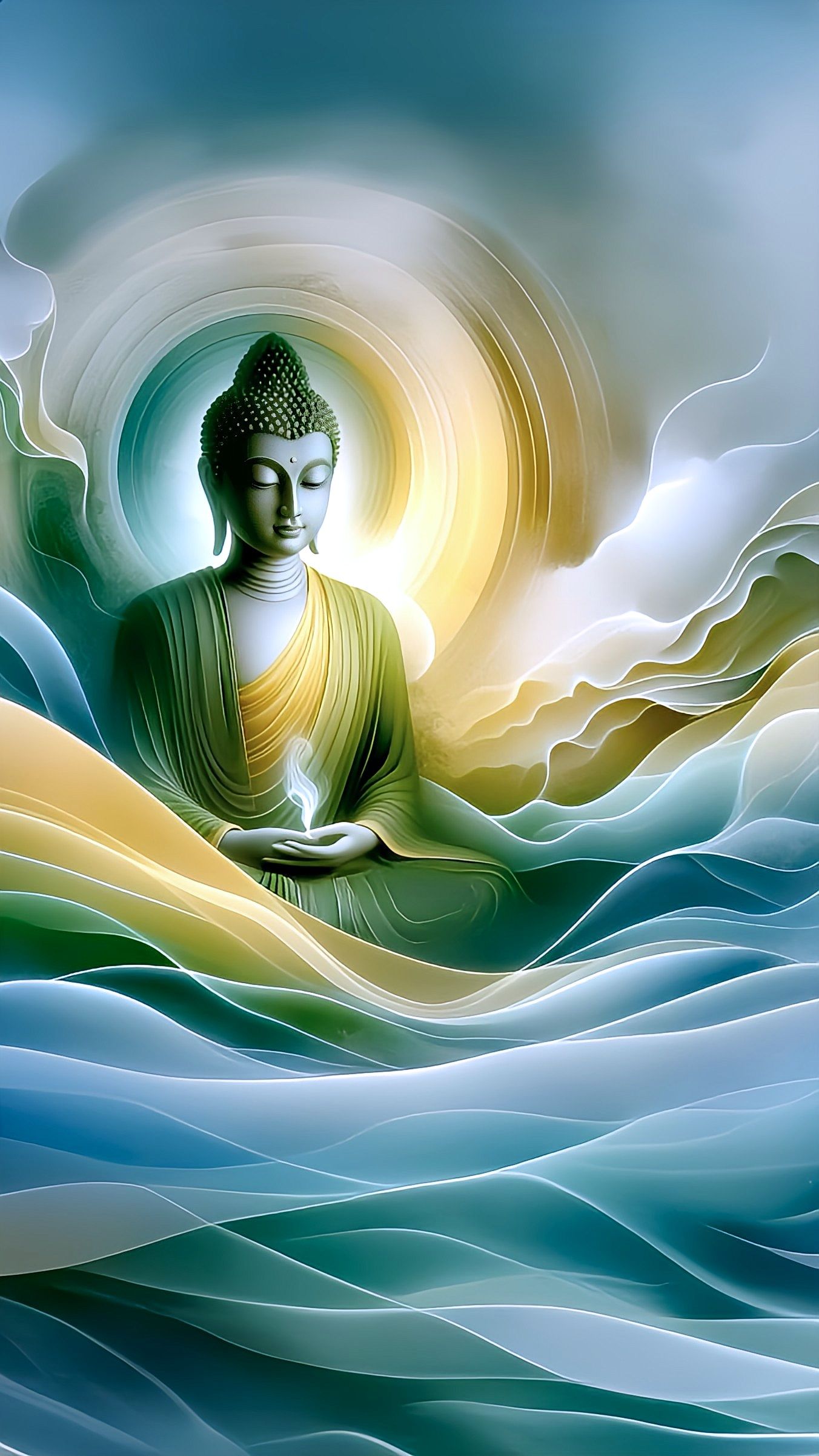 Buddha meditating in radiant light