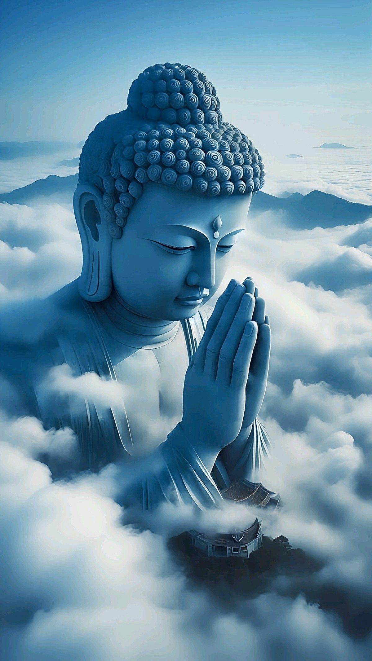 Buddha in prayer among clouds