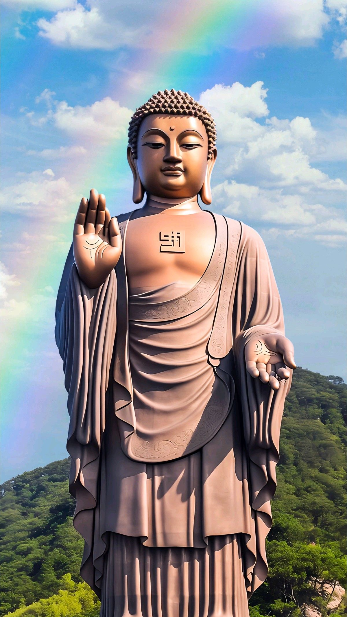 Buddha statue with rainbow and clouds