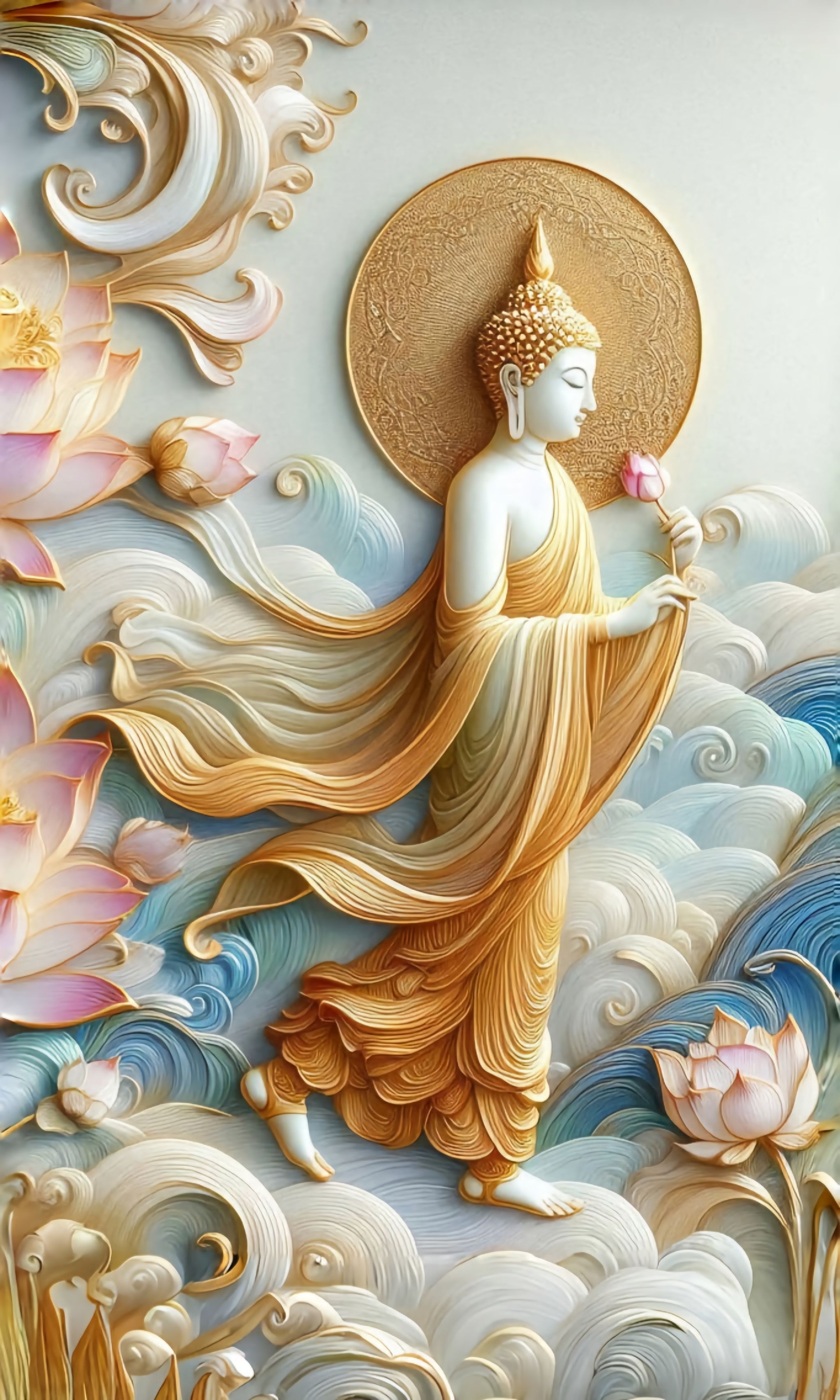 Buddha with lotus in golden light