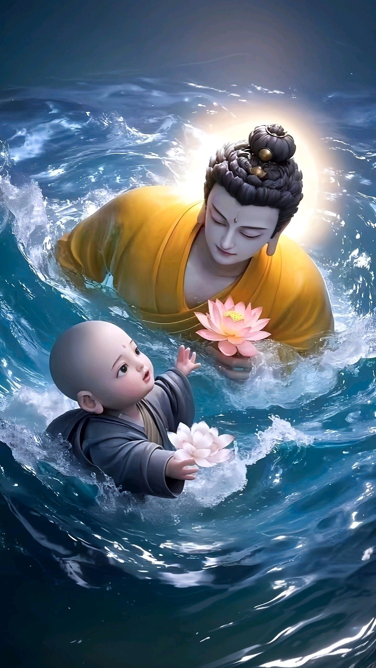 Buddha and child with lotus flowers