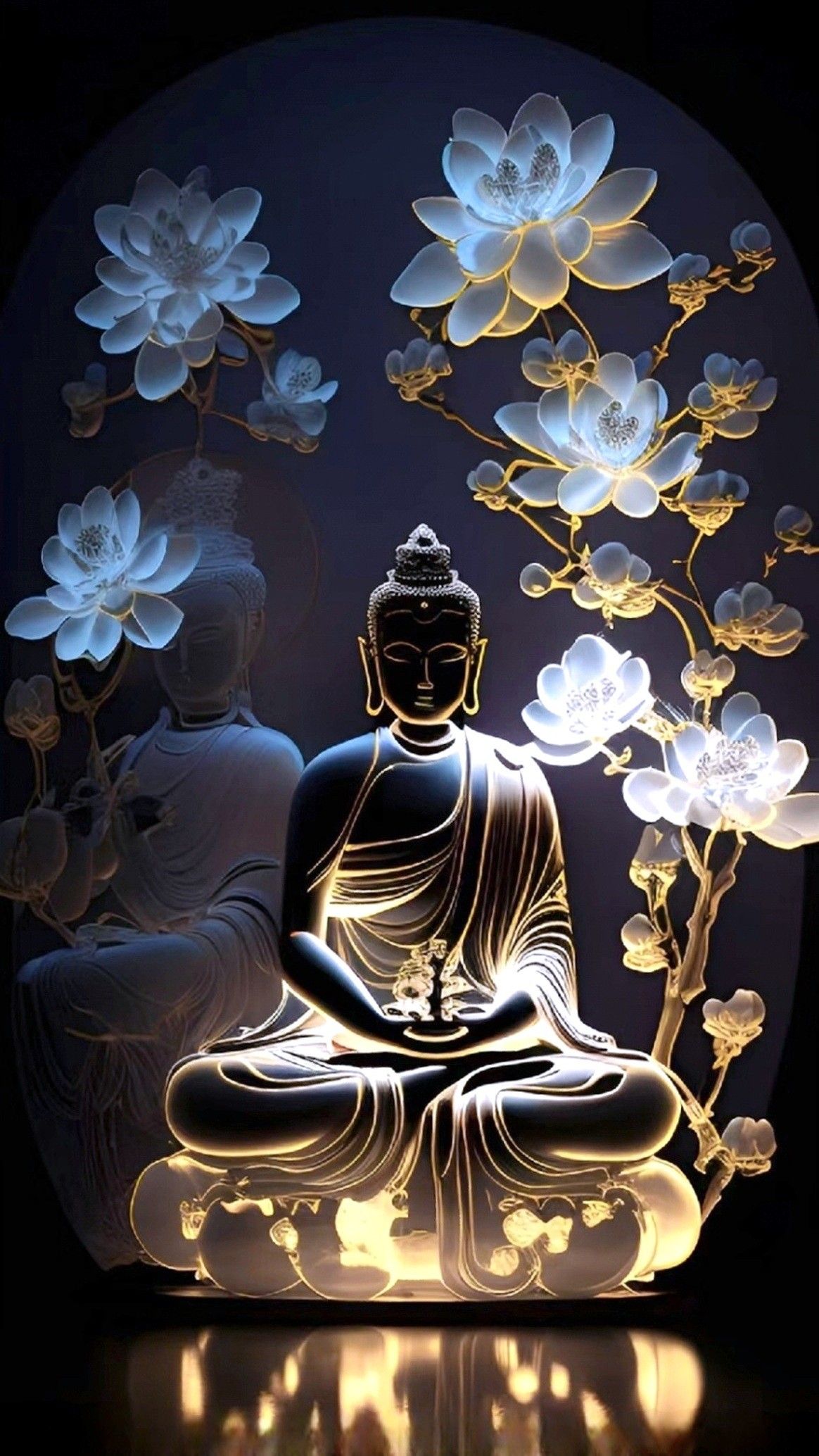 Buddha meditating amongst glowing lotus flowers.