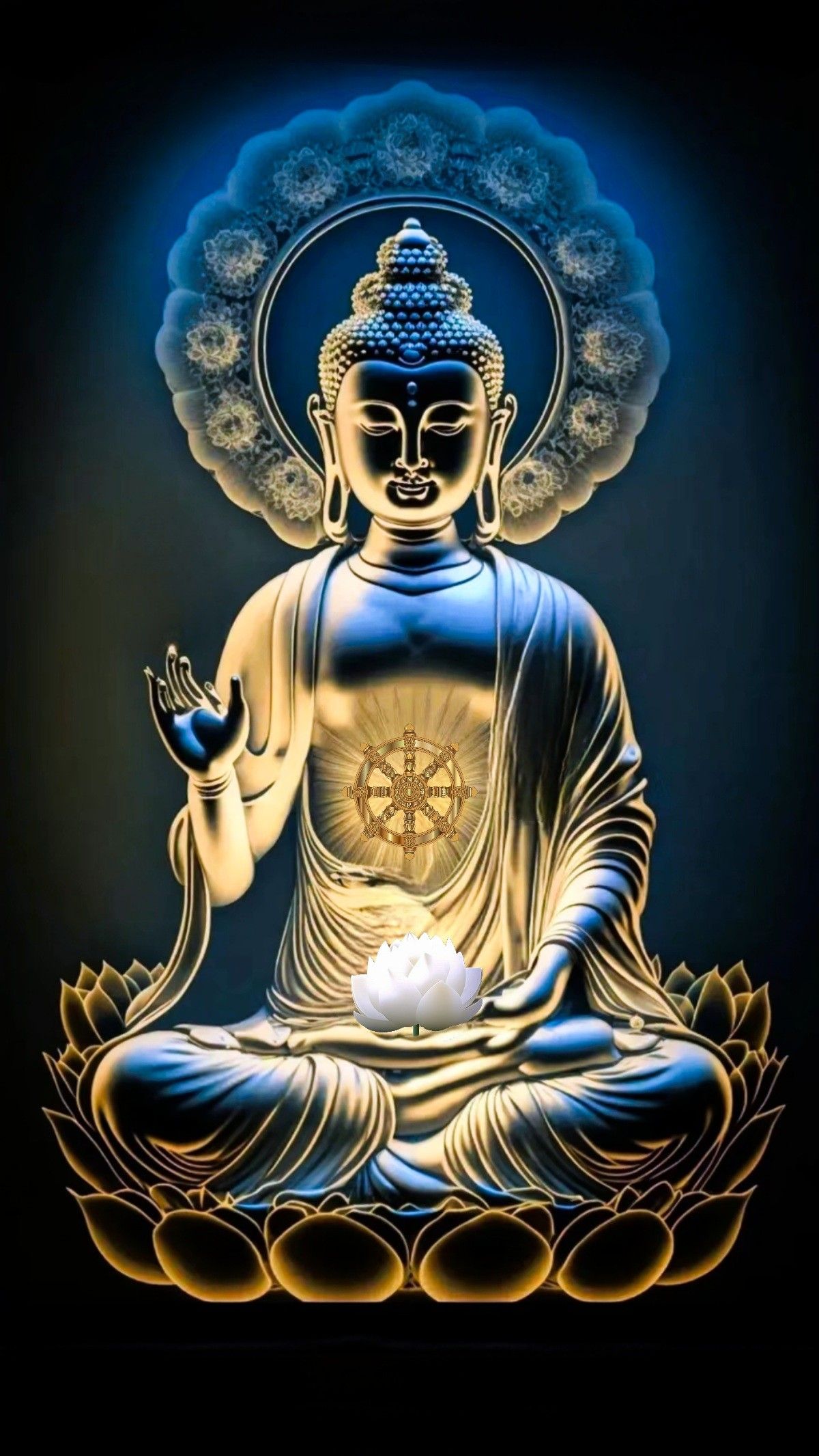 Buddha in meditative pose, golden halo