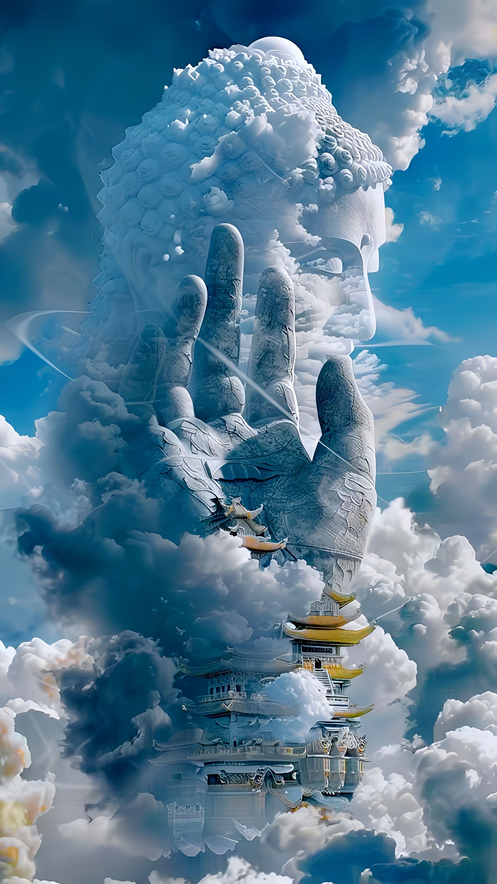 Buddha hand emerging from the clouds