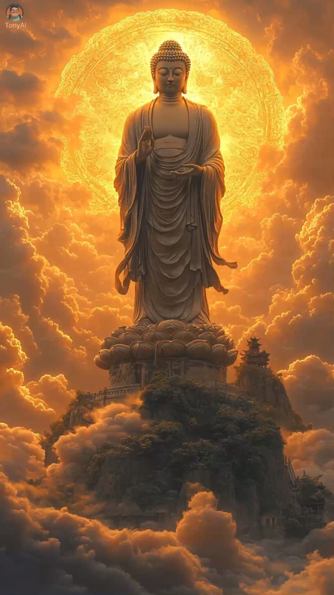Buddha meditating on a cloud peak
