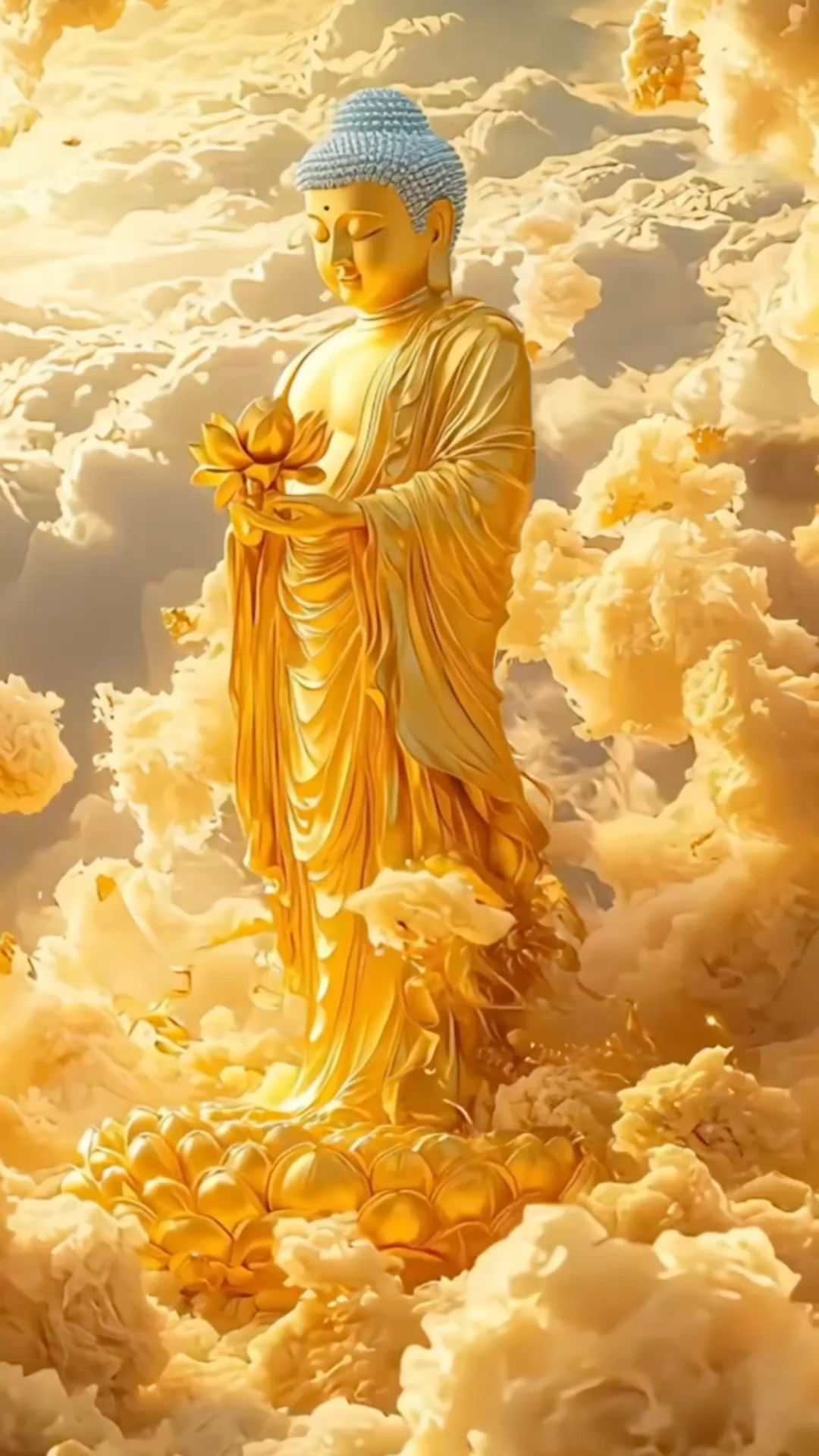Golden Buddha amidst fluffy clouds