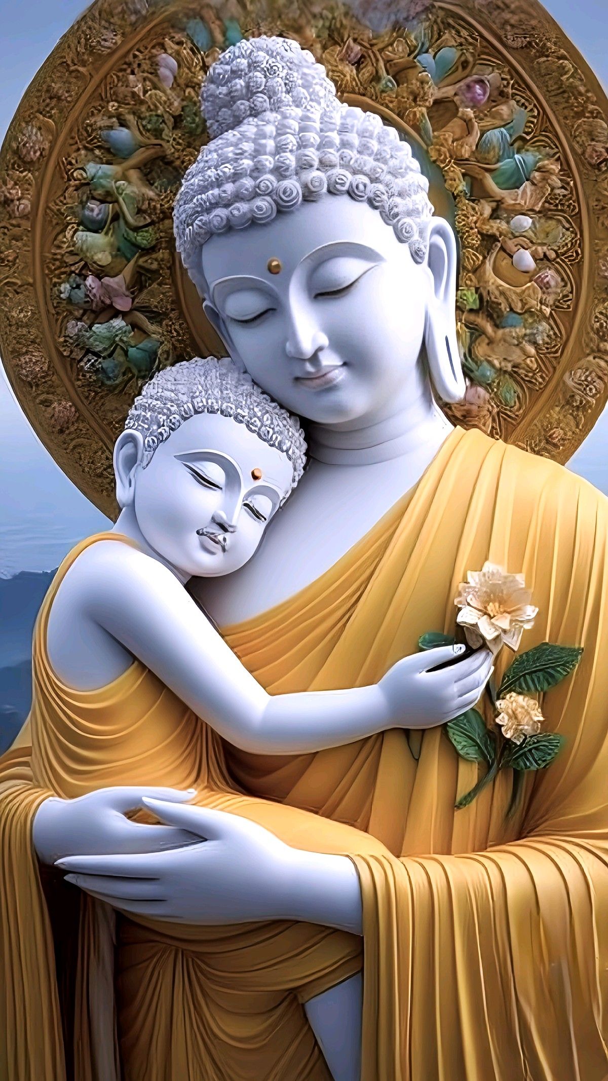 Buddha embracing baby Buddha, golden halo