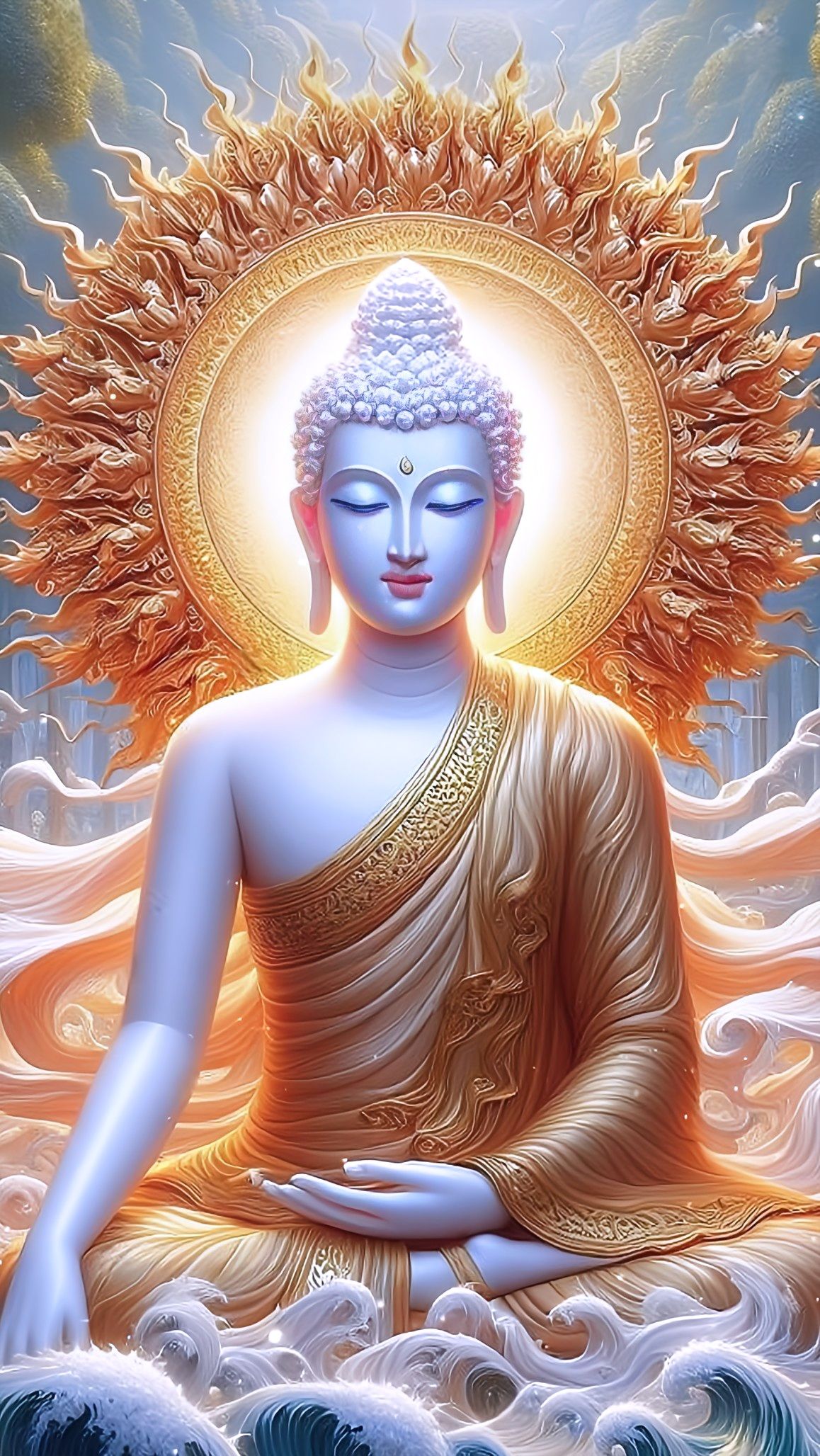 Buddha meditating in golden light.