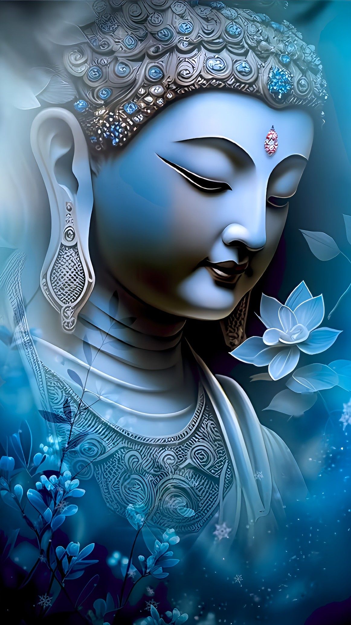 Peaceful Buddha portrait with lotus flower.