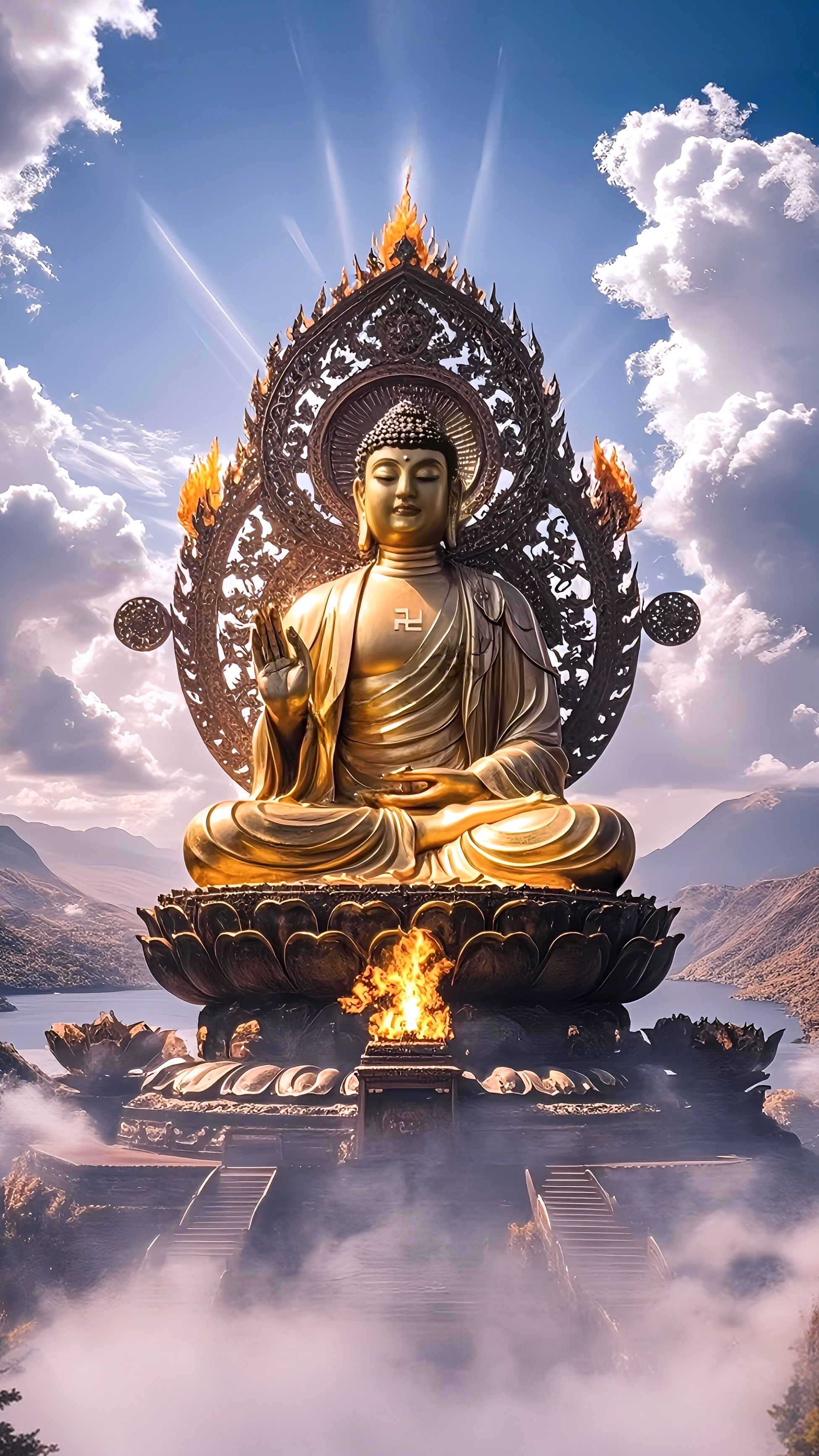 Golden Buddha statue in lotus pose