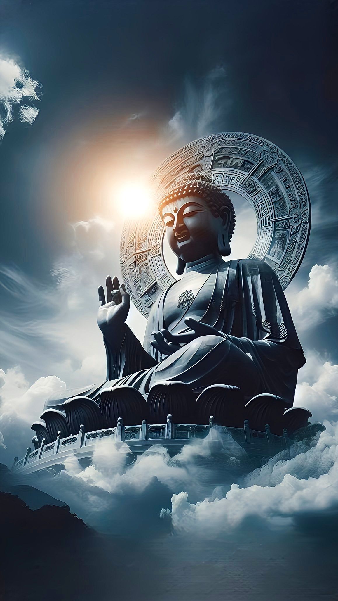 Buddha meditating in celestial clouds