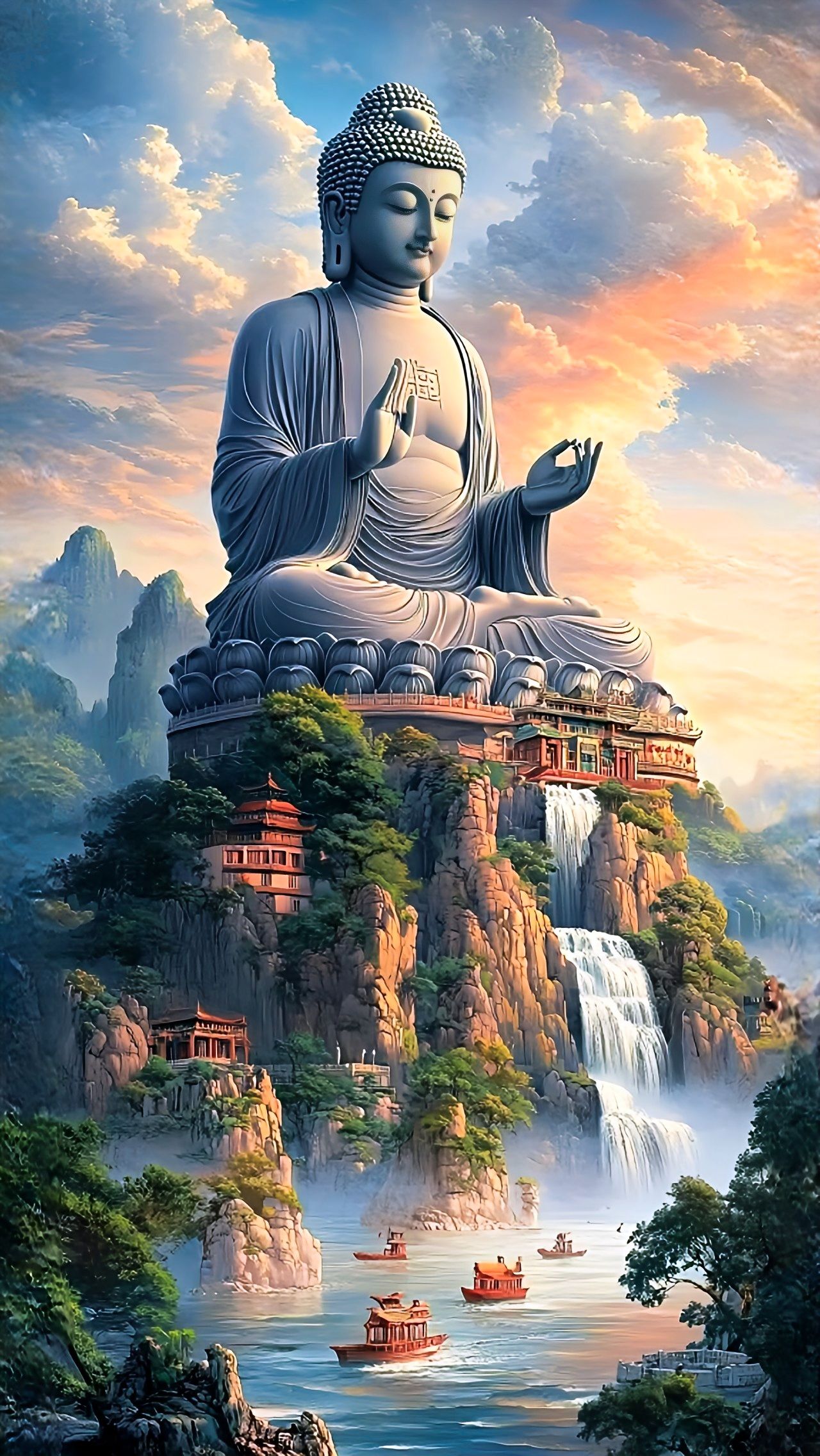 Giant Buddha statue overlooking a scenic landscape
