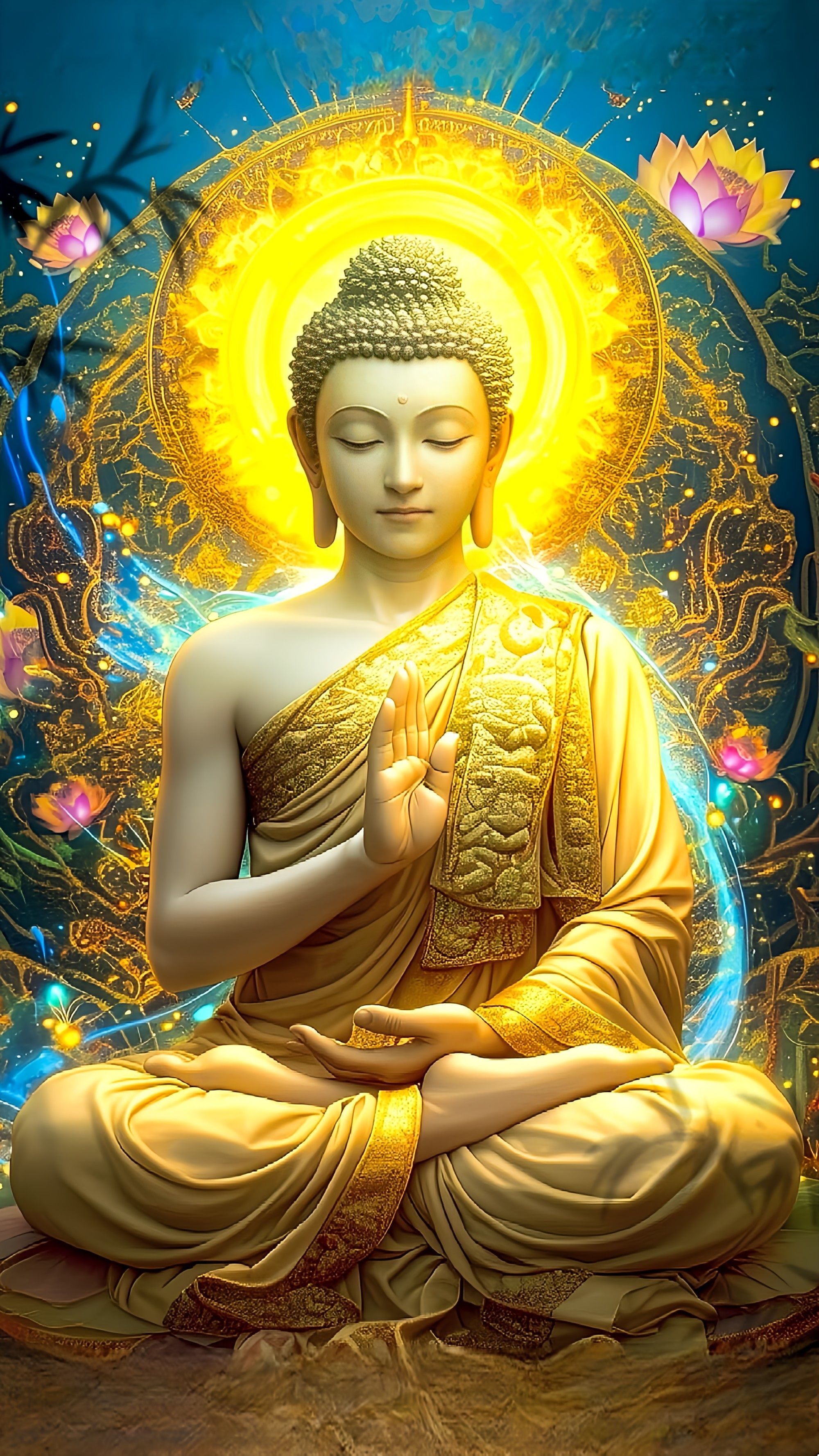 Buddha in meditative pose, golden light